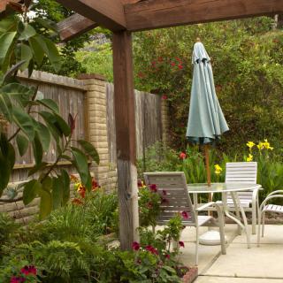 A tranquil garden patio with outdoor furniture and an umbrella surrounded by lush greenery.