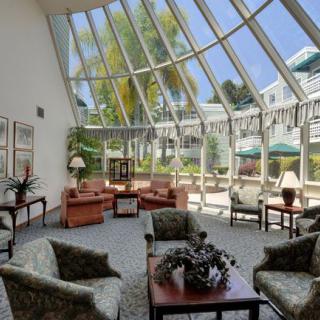 A spacious, modern lobby with large glass windows allowing natural light to brighten the seating area surrounded by indoor plants.