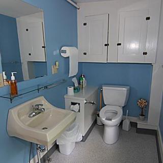 A small bathroom with blue walls, featuring a sink, toilet, and mirror with white cabinets above.
