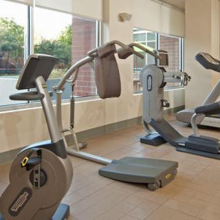A well-equipped gym with exercise machines and natural lighting.