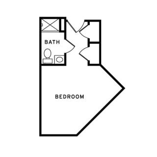 A simple floor plan featuring a bedroom and a bathroom.