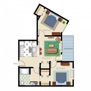 A floor plan of a two-bedroom apartment with living room, kitchen, and bathroom.