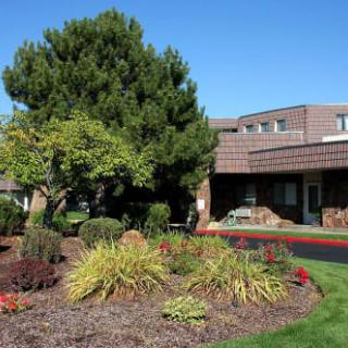 A landscaped garden area with trees and shrubs in front of a modern building under a clear blue sky.