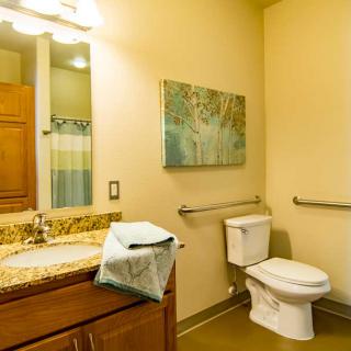 A well-lit bathroom featuring a toilet, sink with wooden cabinets, and wall-mounted artwork.