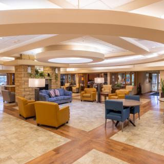 A modern lobby with comfortable seating and elegant interior design.