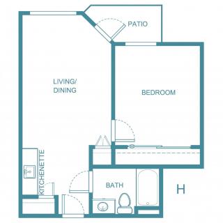 A simple floor plan of a one-bedroom apartment featuring a living/dining area, kitchenette, bathroom, bedroom, and patio.