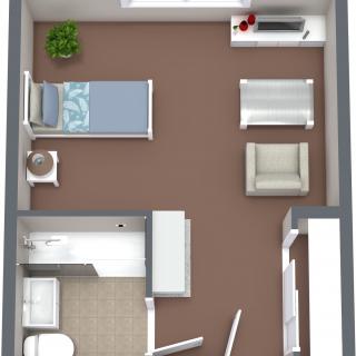 A 3D floor plan of a bedroom with furniture arrangement.
