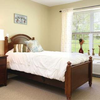 A cozy bedroom with a wooden bed, bedside table, and a large window letting in natural light.