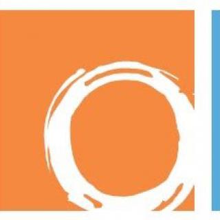 An abstract orange square with a white circular brushstroke design.