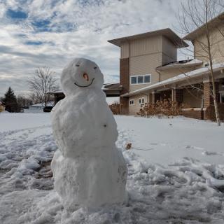 A cheerful snowman standing in a snowy yard, with a modern house and cloudy sky in the background.