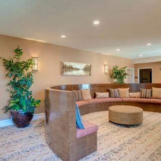 A modern lobby with a curved seating arrangement, plants, and warm lighting.
