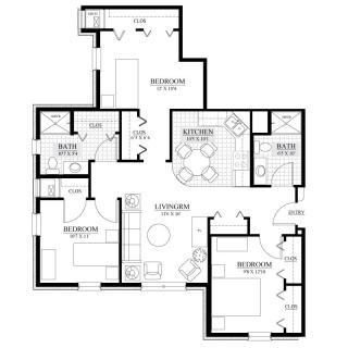 A detailed floor plan of an apartment showing the layout of rooms including living room, kitchen, bathrooms, and bedrooms.