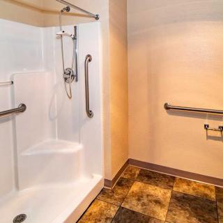 An accessible bathroom with a walk-in shower and safety grab bars.