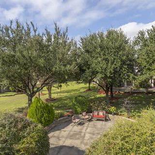A tranquil garden view with a patio set under the shade of lush trees.