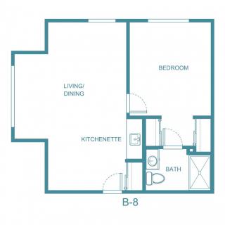 A simple floor plan of a one-bedroom apartment with a combined living and dining area, kitchenette, and bathroom.
