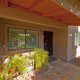 A welcoming house entrance with plants and a wooden porch ceiling.