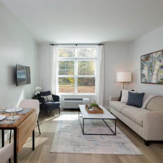 A modern, minimalist living room with a comfortable sofa and a large window.