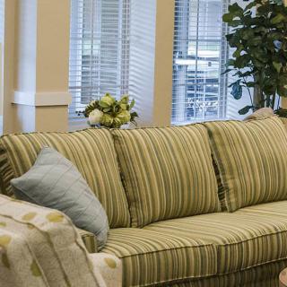 A cozy living room with a striped sofa and decorative cushions in front of a window with blinds.