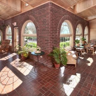 A sunlit room with brick walls and arched windows, featuring plants and comfortable seating.