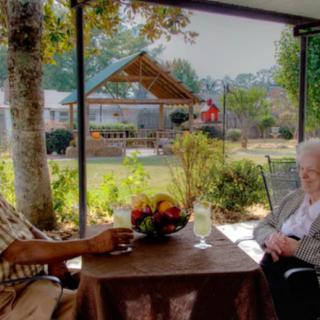 Two elderly individuals sit at a table in a garden, enjoying the outdoors under a canopy.