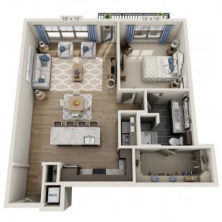 A modern one-bedroom apartment floor plan with an open living and kitchen area.