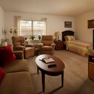 A cozy living room featuring comfortable furniture, a television, and a bed.