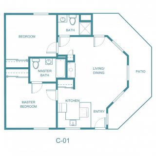 A detailed floor plan of a two-bedroom apartment with labeled rooms including a kitchen, living/dining area, bathrooms, and a balcony.