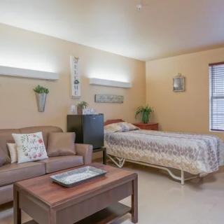A cozy and well-decorated room with a bed, sofa, and table.