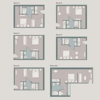 A collection of six different apartment floor plans, showcasing various interior layouts and room configurations.