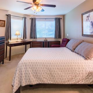Cozy bedroom with a large bed, ceiling fan, and natural light from the windows.