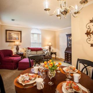 A cozy living and dining area with elegant interior design featuring a chandelier, well-set dining table, and comfortable seating.