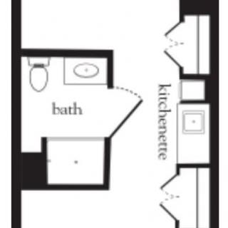 A compact apartment floor plan featuring a kitchenette and a bathroom.