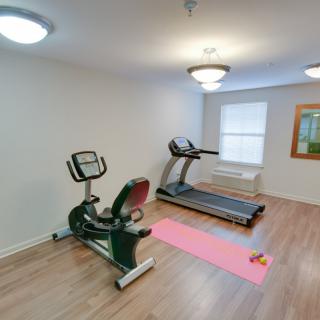 A small home gym with a treadmill, stationary bike, and yoga mat.
