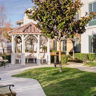 A serene garden featuring a white gazebo, surrounded by lush greenery and a winding pathway.