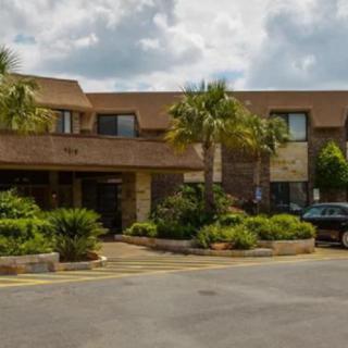 A hotel entrance with landscaped greenery and a car in the driveway.