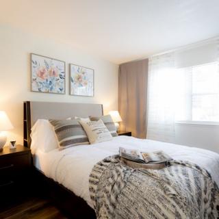 A cozy and modern bedroom with stylish decor, featuring a comfortable bed, artwork above the headboard, and soft lighting.