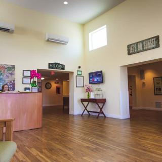 A modern lobby with a reception desk, seating area, and decorative elements.