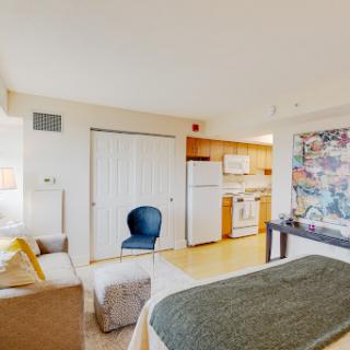 A cozy and modern studio apartment with a kitchenette and inviting decor.