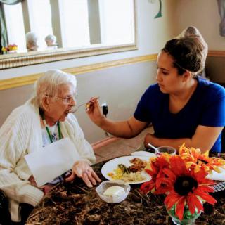 A caregiver assists an elderly woman with her meal, demonstrating compassion and support.