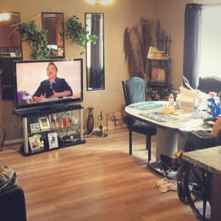 A cozy living room with a dining table, television, and decorative plants.