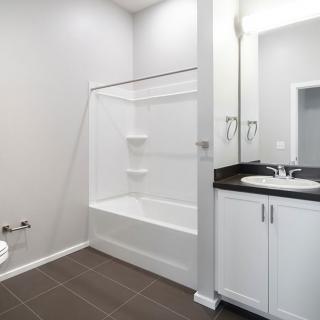 Modern bathroom with bathtub and vanity