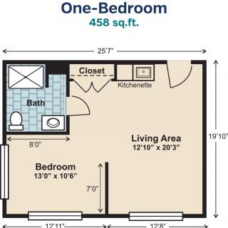 Floor plan of a one-bedroom apartment measuring 458 square feet.