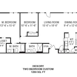 Floor plan of a two-bedroom apartment with labeled dimensions.