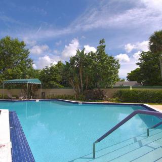 A serene outdoor swimming pool surrounded by lush greenery under a clear blue sky.
