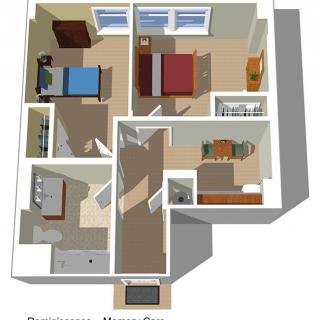 3D floor plan of a two-bedroom apartment with labeled rooms and furnishings.