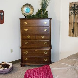 A bedroom scene featuring a tall wooden dresser with brass handles, decorated with plants and a decorative plate on top.