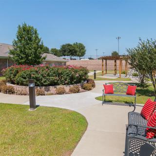 A beautifully landscaped garden with benches and a winding pathway on a sunny day.