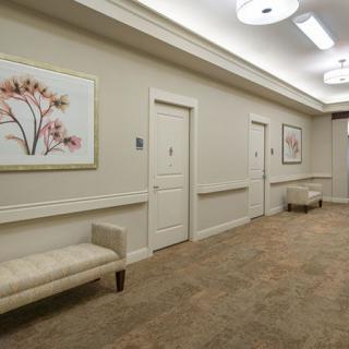 A well-lit hallway with doors, benches, and decorative paintings on the walls.