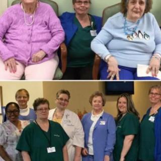 A group photo of elderly individuals with their caregivers in a healthcare setting.
