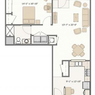 A detailed floor plan of a one-bedroom apartment, showcasing the living room, kitchen, bathroom, and furniture layout.
